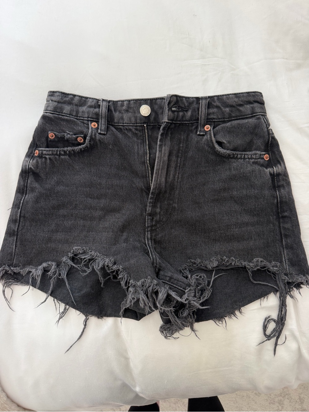 Zara High-Waist Black Distressed Denim Shorts